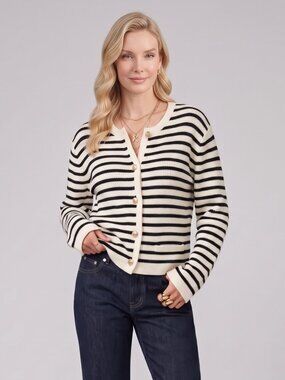 Women's Off White Black Striped Knit Button Cardigan Relaxed Fit Sweater